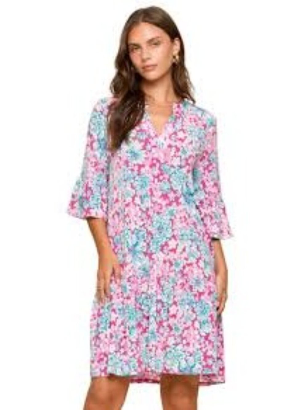 Dear Scarlett Lizzy Sunday Floral Stretch Dress Roll Tab Sleeve Pink Green 2X